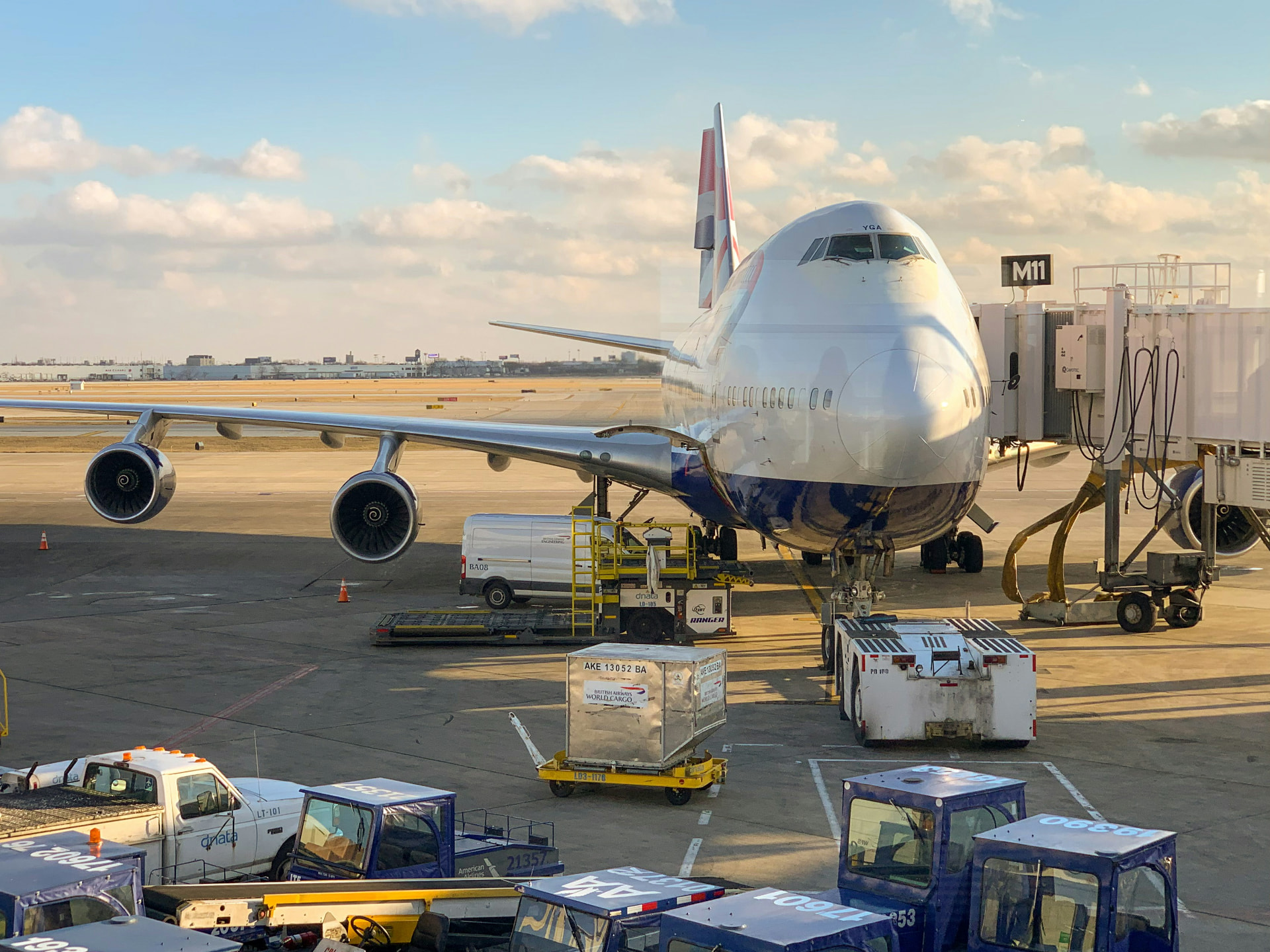 Air freight aircraft and cargo equipment on an airport apron