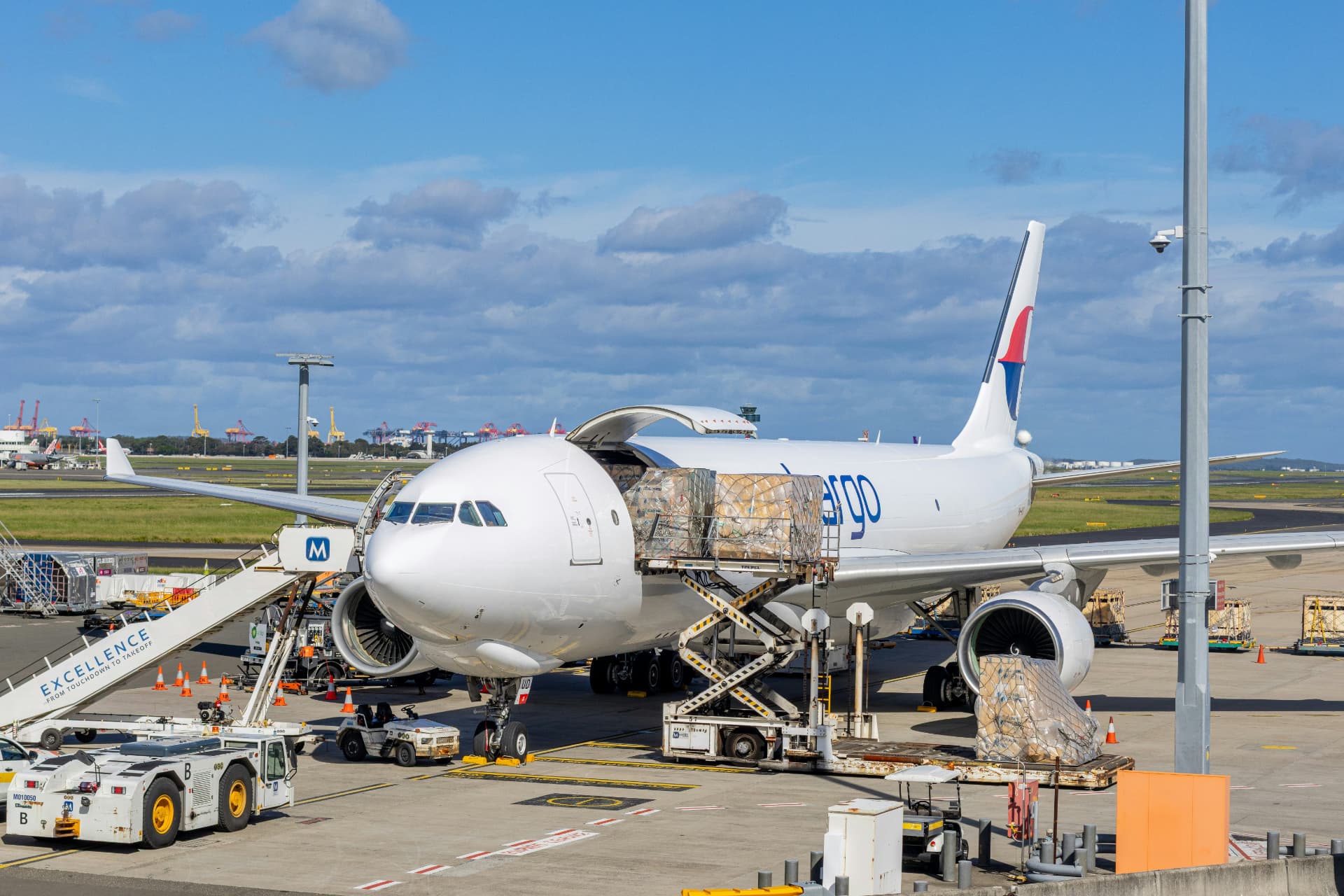 Cargo pallets being loaded into an air freight aircraft